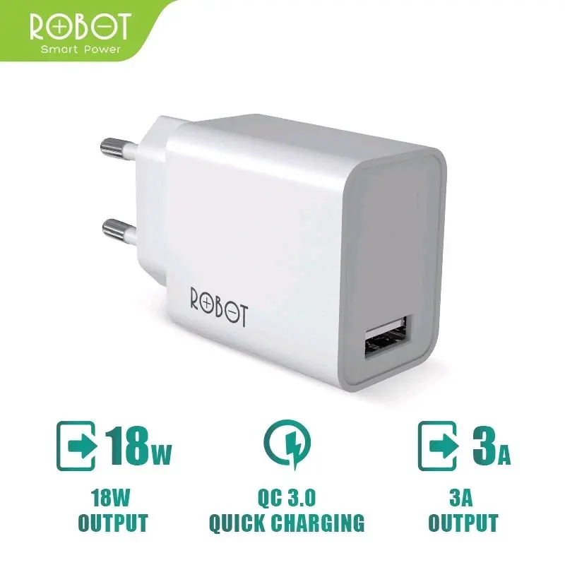 ROBOT RT-F1 3A 18W Batok Charger Single Port Quick Charge 3.0 Qualcomm White Kabel