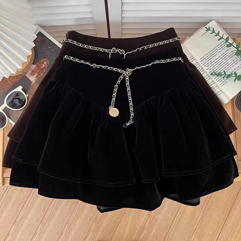 Product Introduction of Chân Váy Nhún Bèo Cạp Cao Nhung Vàng, Hàng Mới Về Mùa Thu Và Mùa Đông, Chân Váy Chữ A Chống Lộ, Có Thắt Lưng Dây Chuyền Xích Nữ Women 1