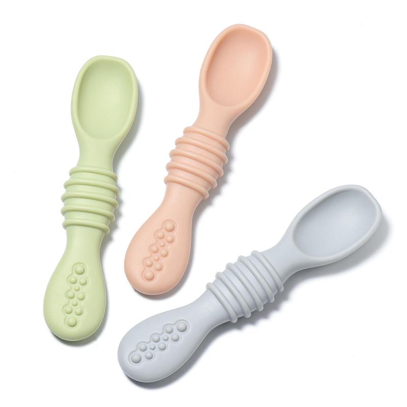 3pcs Mixed Color Silicone Baby Spoon, Self Feeding Spoon, Solid Color Baby Weaning Training Spoon 2
