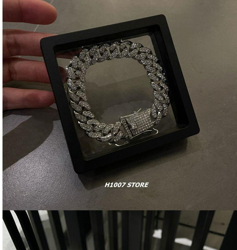Product Introduction of Full Crystal Stone Cuban Chain Hip Hop Bracelet For Men Silver Color Metal Link Chain Rhinestone Luck Closure Mens Bracelet 22
