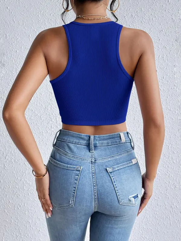 Women's Plain Round Neck Crop Tank Top without Necklace, Summer Tops, Summer Clothes, Casual Sleeveless Ribbed Top for Summer, Crop Top for Women,  Clothes for Women, Women's Clothing for Daily Wear 7