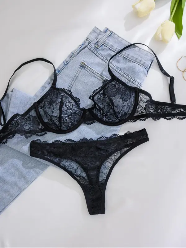 Women's Solid Color Underwire Lace Bra & Panty Two-piece Set, Soft Comfortable Breathable Lingerie Set, Lingerie Set for Women, Womenswear 3