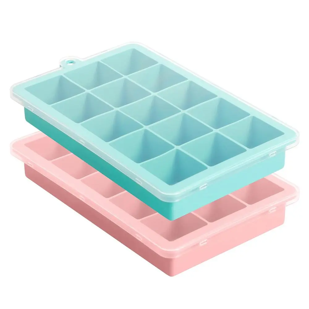 15 Grid Silicone Ice Tray with Lid, 2 Counts Ice Cube Mold, Ice Tray for Cocktails, Whiskey, Baby Food, Chocolate, BPA Free, Kitchen Utensils