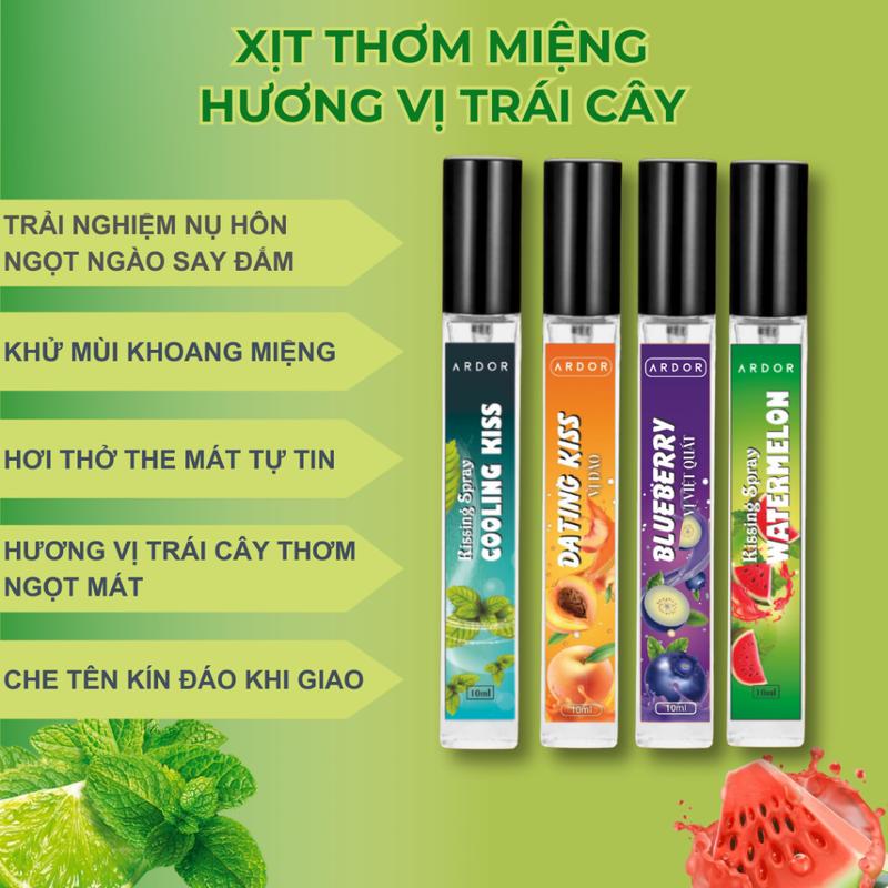 Xịt Thơm Miệng Vị Đào Dưa Hấu Việt Quất Kissing Spray ARDOR Sịt Miệng Nam Nữ Bạc Hà Hương Trái Cây Kẹo Ngọt Xịt Miệng
