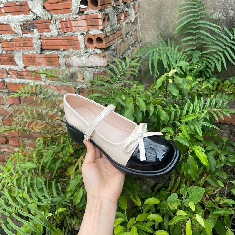 Giày lolita kem đen nơ ngọc xinh xắn quai cài(chân nhỏ lùi 1 size.chân bình thường .chân dày tròn đặt chuẩn) 2