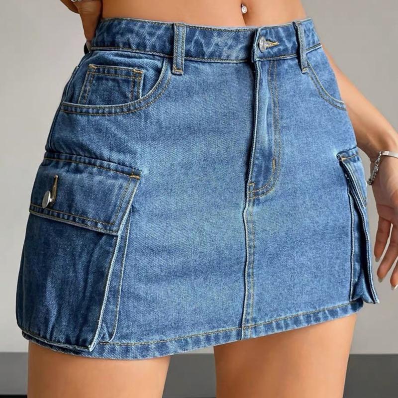 Wan Vn Chân Váy Jeans Chữ A Nữ Ngắn Túi Hộp Basic Có Lót Trong Tôn Dáng Cạp Cao Ôm Eo Quần Bảo Hộ lửng Women Khuy bò 3