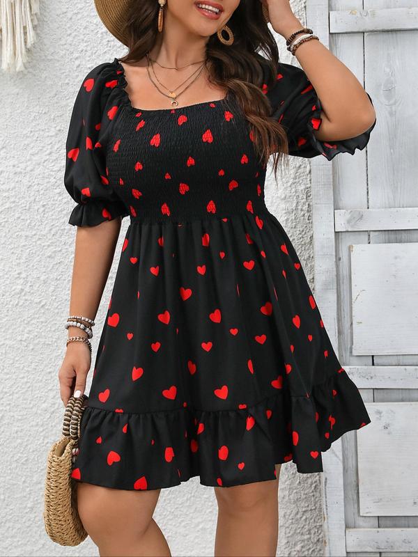 Plus Size Heart Print Ruffle Hem Shirred Dress, Casual Flounce Sleeve Square Neck A Line Dress, Women's Clothes for Summer, Summer Dresses 2025, Womenswear 3