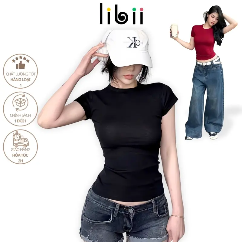 Áo thun body nữ ngắn tay cổ tròn LIBII Áo nữ dáng ôm thiết kế đơn giãn chất vải mềm mại co giãn C30 0