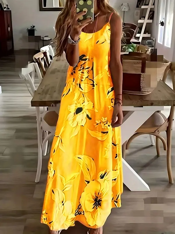 Women's Floral Print Dress, Boho Sleeveless Dress for Beach Holiday Vacation, Ladies Clothes for Summer 4