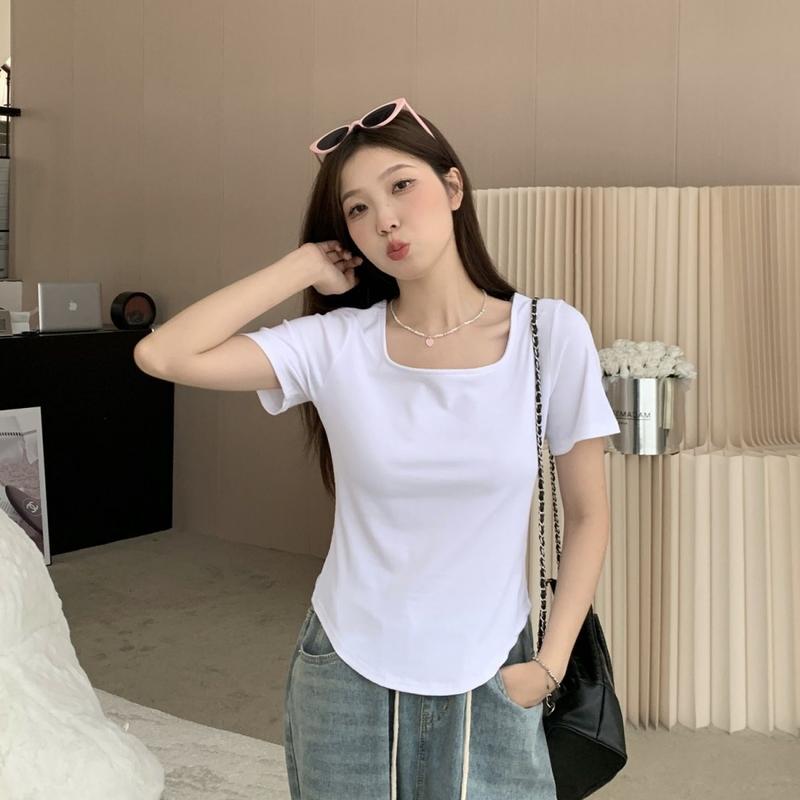 Product Introduction of [2098 Favorites] Regular Shoulder Short Sleeve T-Shirt for Women, Square Neck Top, Summer Plus Size, Regular Shoulder, Tummy Concealing, Slimming, Curved Design Top 5