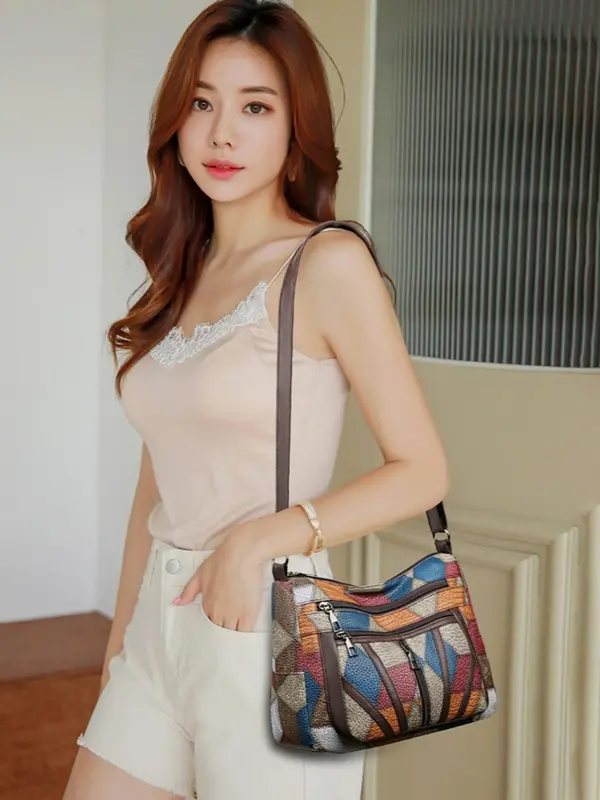 Women's Fashionable Patchwork Design Shoulder Bag, Casual Large Capacity Zipper Crossbody Bag for Work & Daily Used, Trendy Versatile Daily Commuting Bag 3