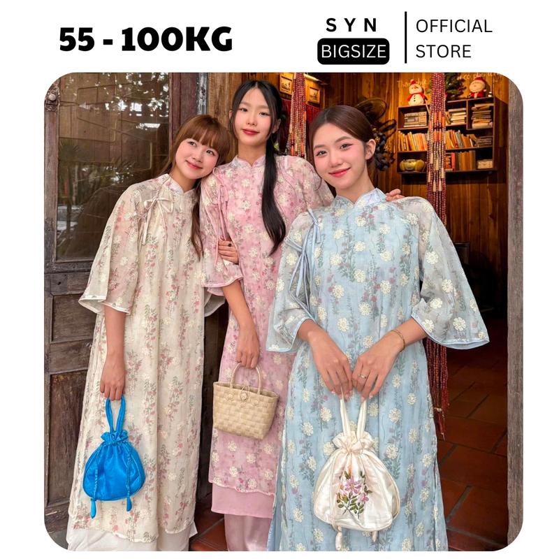 Set áo dài cách tân Bạch Vũ bigsize nữ dáng suông họa tiết hoa cúc phối nơ quần lụa duyên dáng thanh lịch đi du xuân cưới hỏi SYN BIGSIZE