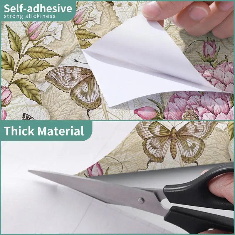Vintage Floral & Butterfly Pattern Wallpaper, 1 Roll Waterproof Self-Adhesive Removable Paper, Wall Decoration For Home Living Room Bedroom Kitchen, Decorative, Interior 7