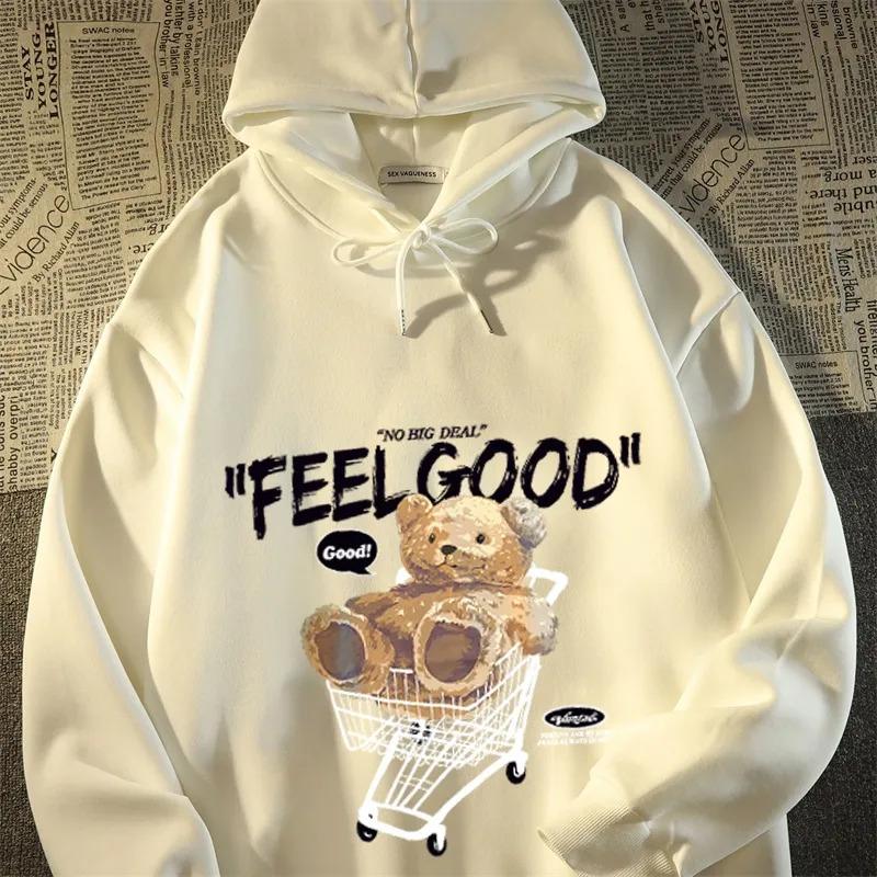 Product Introduction of Hot Sale Women Fashion Autumn Winter Sweatshirt, Milk Yellow Simple Round Neck Cute Bear Printing Loose Oversized Version Pullover Sleeve Womenswear Hoodie Sweaters Tops Lingerie 6