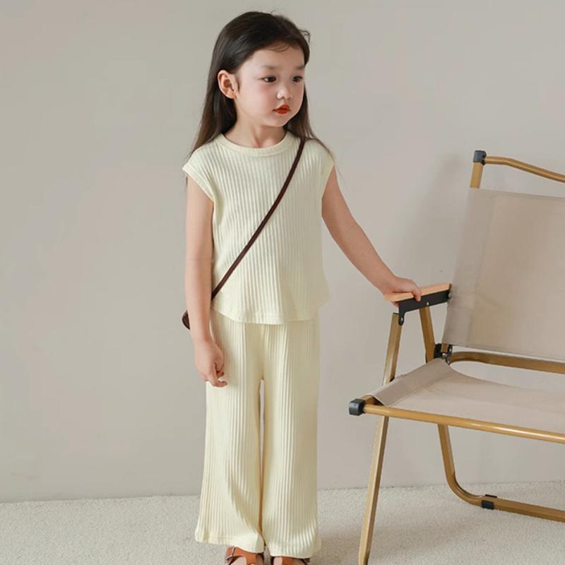 Bear Leader Summer Solid Color Baby Girls Casual Clothing Sets Sleeveless Round Neck T-shirt Top and Wide Leg Pants Suit 2-7 Years Old Pit Striped Kids Clothes 2