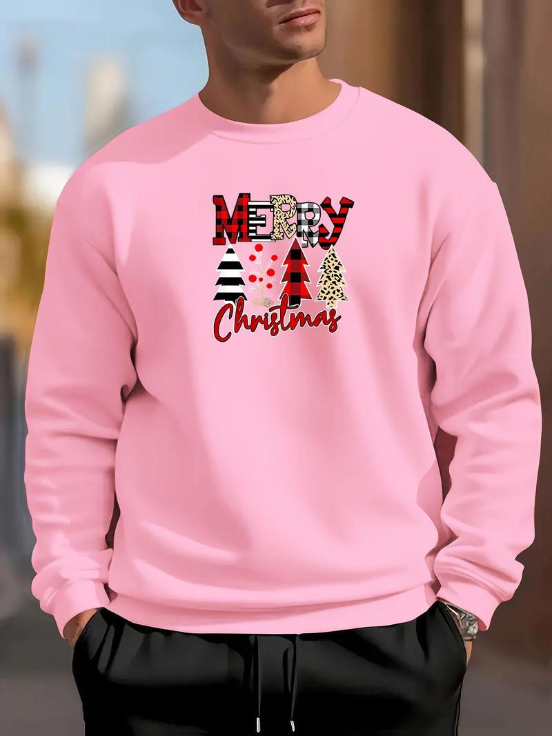 Product Introduction of Men's Christmas Tree & Letter Print Thermal Lined Sweatshirt, Regular Fit Casual Soft Comfy Long Sleeve Round Neck Pullover for Fall & Winter, Men's Clothes for Daily Wear 1