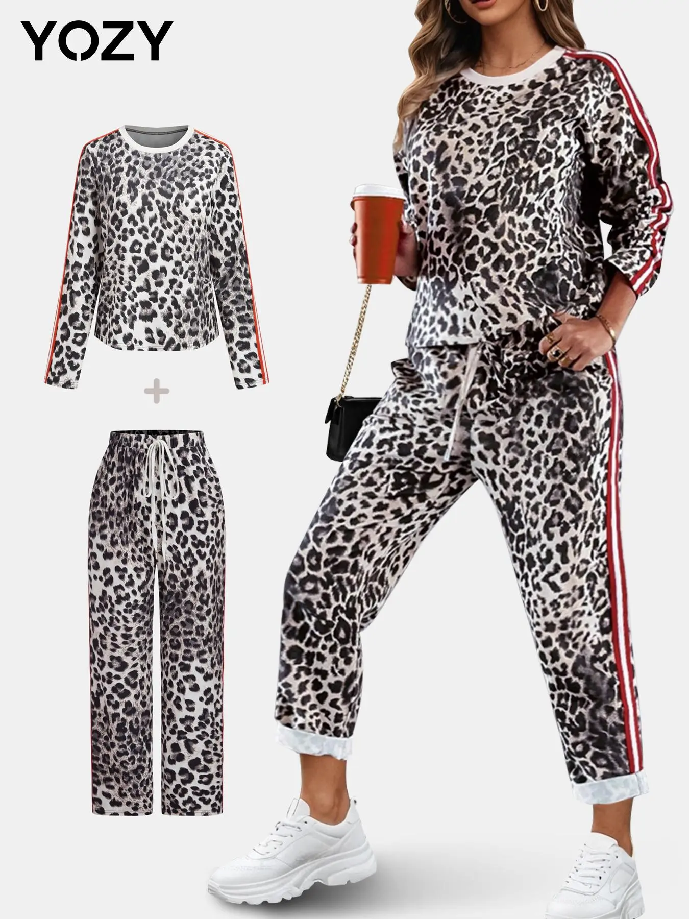 YOZY Women's Leopard Print Side Stripe Tee & Drawstring Waist Pants Two-piece Set, Casual Round Neck Long Sleeve Top & Pocket Trousers 2 Piece Set for Fall & Winter, Women's Clothes for Daily Wear