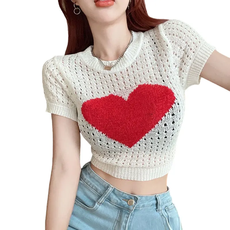 Women Short Tops, Heart Pattern Crew Neck Cutout Cropped Tee Shirt