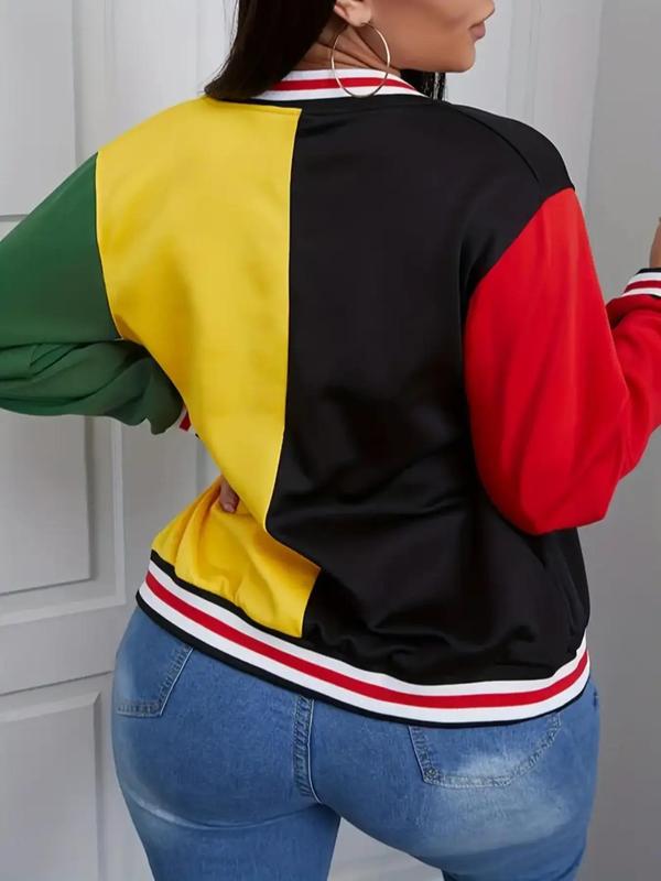 Women's Colorblock Letter Print Button Front Varsity Jacket, Fashion Casual Drop Shoulder Mock Neck Outerwear for Daily Outdoor Wear, Women Clothes for Spring & Fall 1