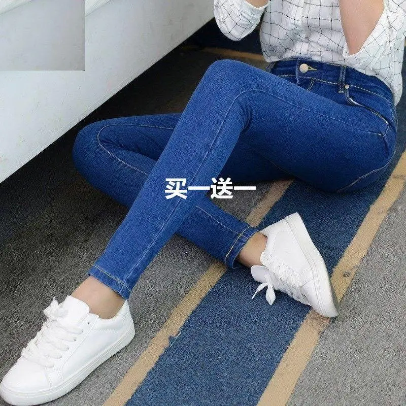 Quần Jean Mỏng, Phong Cách Hàn Quốc, Cạp Cao, Mỏng Vừa Vặn, Màu Xanh Và Đen, Co Giãn, Ngoại Cỡ, Dành Cho Nữ Sinh Viên, Quần Bút Chì Bó Sát Thích Hợp Cho Mùa Hè