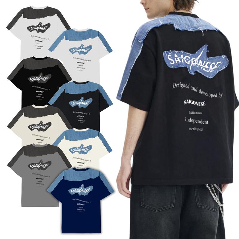Áo Thun Shuriken SAIGONESE Unisex Cotton Cổ Tròn Phối Jean Denim Hoạ Tiết Menswear