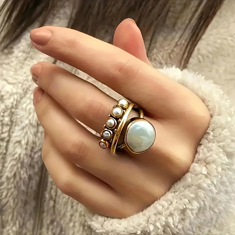 [Pearl Ring for Daily Party Wear] Fashion Bohemian Style Pearl Ring Ladies Daily Casual Party Holiday Band Ring Anniversary Commemorative Ring Gift 1