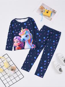 Girl's Cartoon Unicorn Print Long Sleeve Tee & Pants Loungewear Two-piece Set, Casual Comfy Round Neck Top & Trousers Pj Set, Kids Sleepwear for Fall & Winter, Christmas Pyjamas