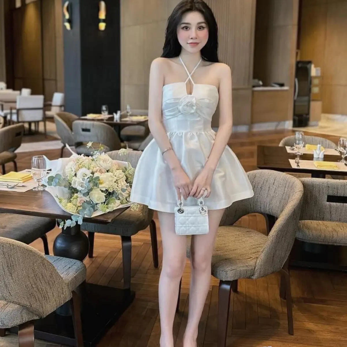 Váy đầm nữ dáng ngắn 2 dây cổ đính bông chất tapta, đầm xòe cúp cổ chéo xếp ly Dress