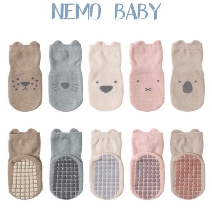  set 5 đôi tất chống trượt APHI NEMO phong cách HQ NHIỀU HỌA TIẾT cho bé 0-2 tuổi terylene động vật in vải sợi bông nhuộm màu ramie khủng long tat xinh đa dạng ếch xanh 