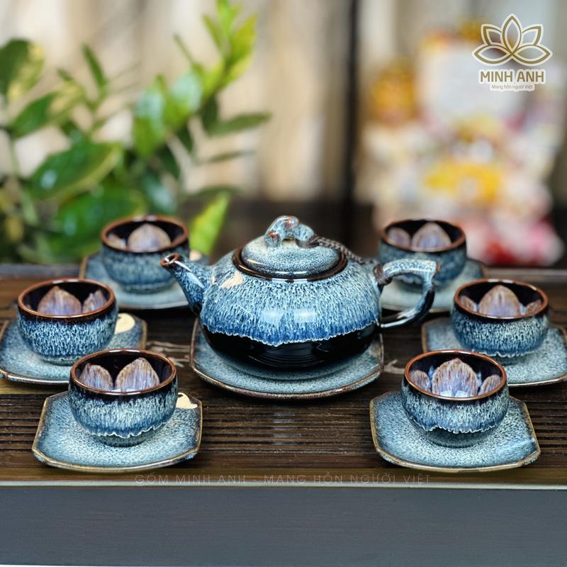  Bộ ấm chén Bát Tràng nghệ nhân Nguyễn Văn Hải dáng quả Hồng men Hỏa biến màu Xanh Gold 