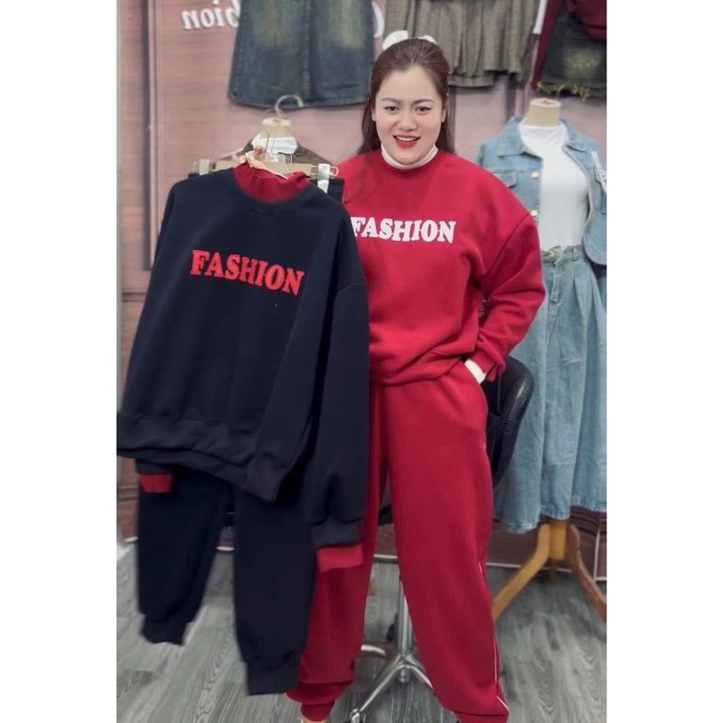  499 BIGGSIZE Set bộ nỉ nữ áo swt nỉ phối len thêu chữ FASHION kèm quần bo gấu Women Top 