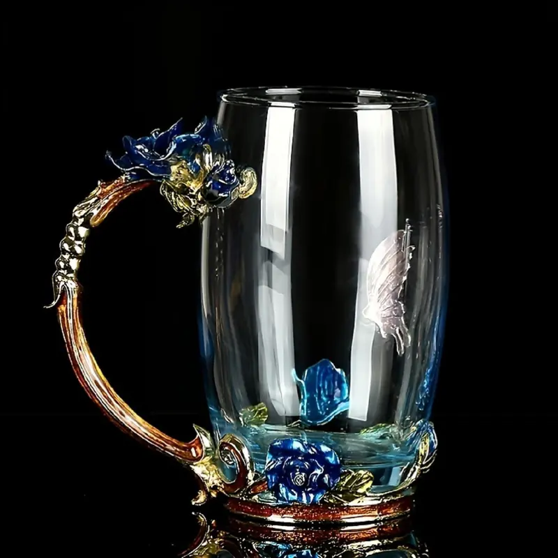 1 Set Butterfly & Rose Decor Glass Cup with Handle, Vintage Drinking Glass with Lid & Spoon, Creative Tea Cup for Office Home Daily Use, Gifts for Friends 6