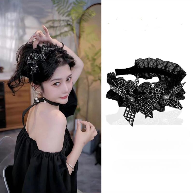 Băng Đô Nơ Đính Kim Tuyến Ren, Rộng Vành, Chống Trượt, Băng Đô Đẹp, Thiết Kế Đơn Giản, Màu Đen, Phụ Kiện Tóc Dễ Phối Đồ Nữ Women Thun Đinh Cột Tóc Khuyên Tai