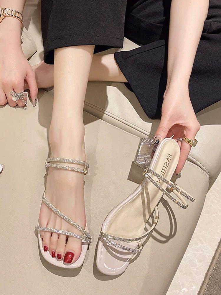 Product Introduction of Summer New Rhinestone Fairy Style Chunky Heel Two-Way Sandals Elegant Outdoor Crystal High Heels for Women 10