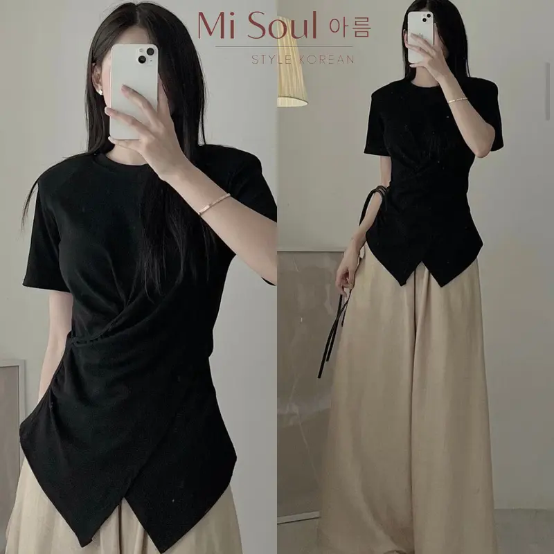 Áo Thun Xoắn Eo Cổ Tròn MiSoul BigSize , Áo Cộc Tay BigSize Vạt Chéo 199 Top Nữ Women Đen Cotton Voi 5