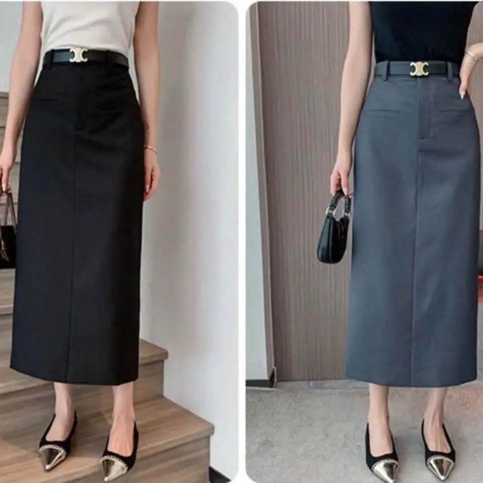Chân váy A công sở form suông dáng dài xẻ sau dài 84cm thiết kế 2 miệng túi ngang Nữ