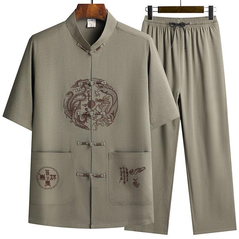 Đồ bộ trung niên nam, Bộ đồ cổ tàu thêu long phượng sum vầy cho ông cho bố, Bộ đồ quần dài áo ngắn tay thêu họa tiết, in họa tiết Menswear Thun set