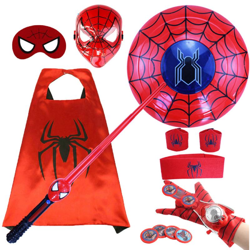 Set Áo Choàng Mặt Nạ Siêu Nhân Người Nhện Spiderman Khiên Gậy Ánh Sáng Găng Tay Bắn Tơ Cho Bé
