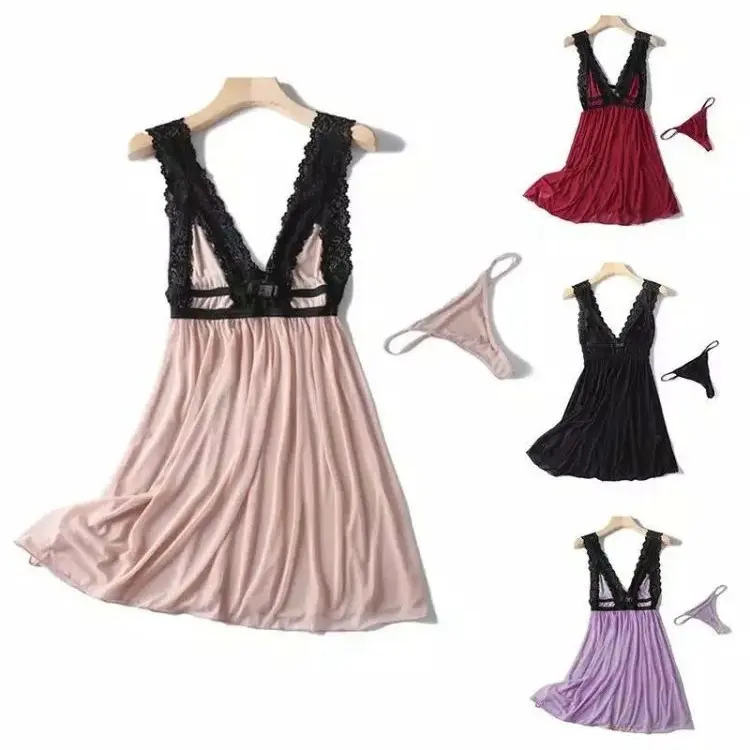 [BERAKHIR HARI INI] Lingerie Baju Tidur V-neck Gaun Malam Pakaian Tidur Wanita Bahan Polyester Tanpa Lengan 1052