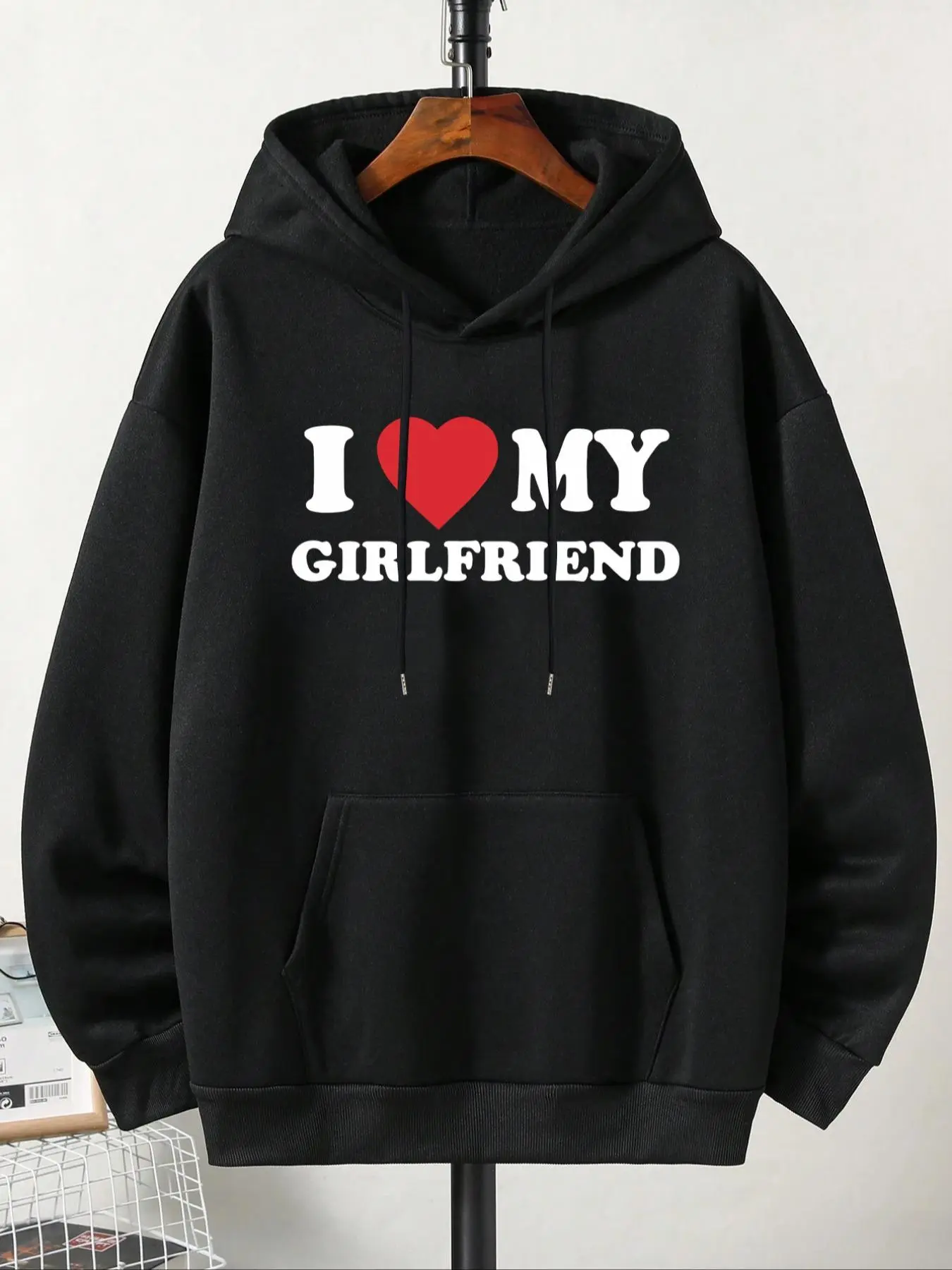 Men's Heart & Letter Print Drawstring Thermal Lined Hoodie, Casual Regular Fit Long Sleeve Pocket Hooded Sweatshirt for Fall & Winter, Men's Clothes for Daily Wear Valentine's Day, gift