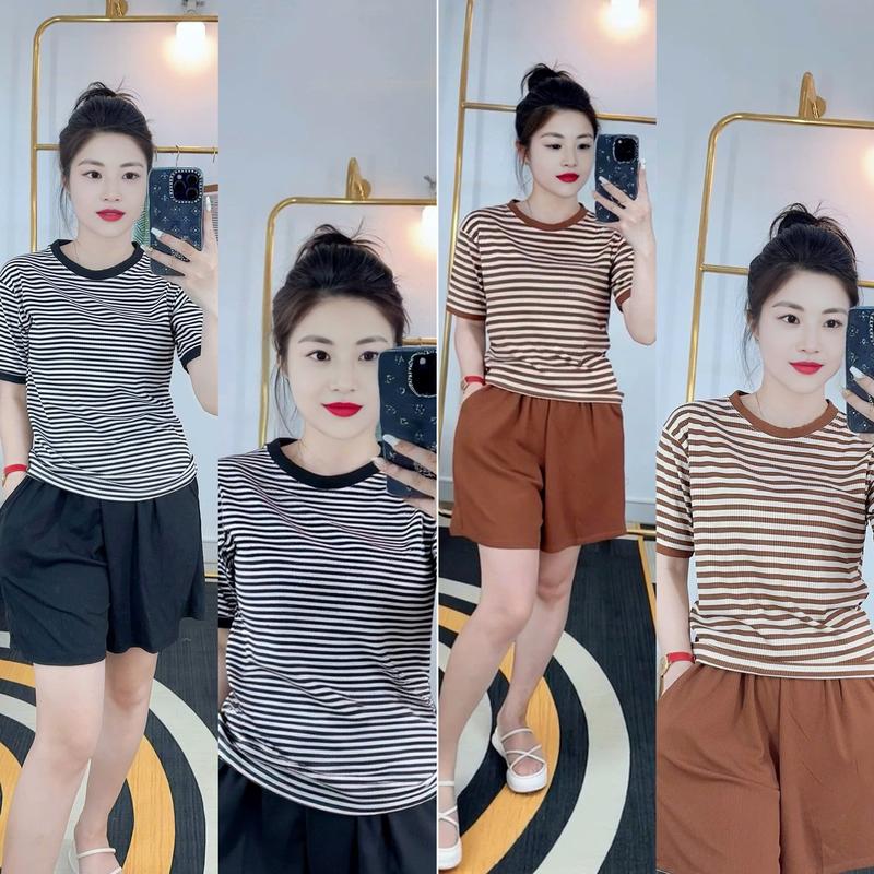 Đồ bộ thun tăm lạnh quần đùi phối áo sọc từ 40-80kg Nữ Top