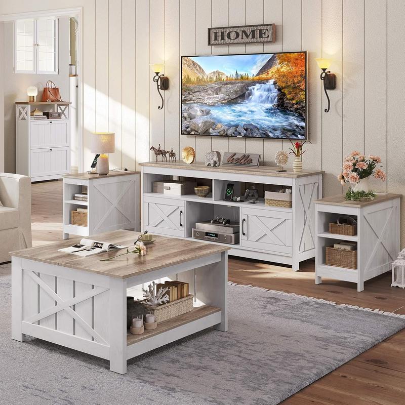 TikTok Shop 4 Piece Farmhouse Living Room Table Sets Includes Grey Wash Coffee Table TV Stand and 2Pcs Side Table Coffee Table with Ample Storage for Living Room Grey Wash