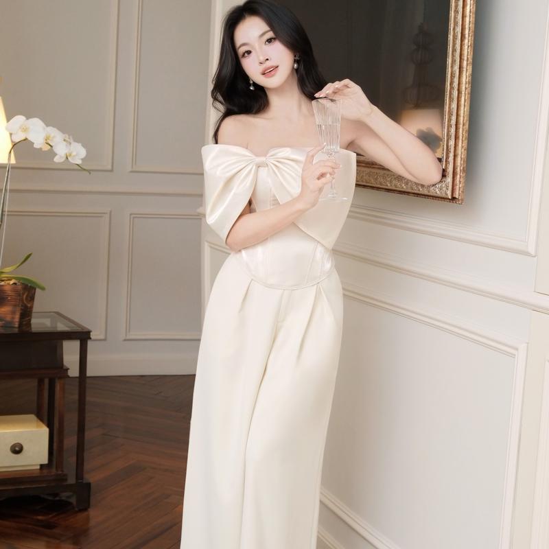 Set áo quây corset phối nơ bản to Khiết mix quần suông thanh lịch tone kem basic KS320