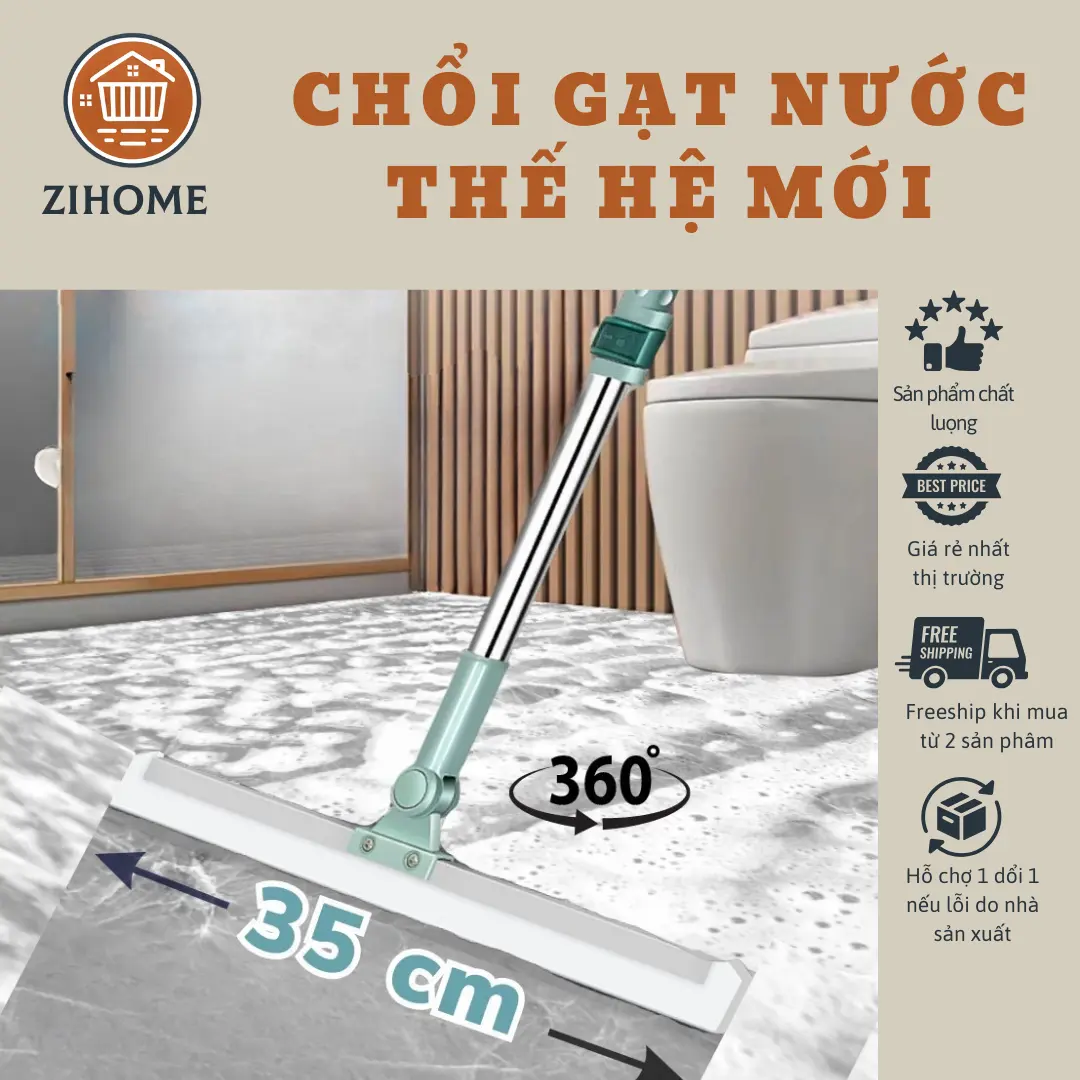 Chổi Gạt Nước Silicon Chống Trượt – Chổi Chà Sàn, Quét Nhà Thông Minh, Cán Inox Xoay 360 Độ