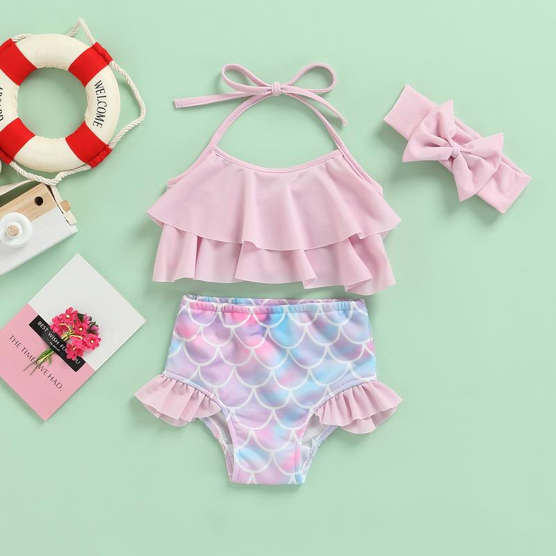 Product Introduction of Toddler Baby Girl Smoothy Soft Swimsuit Halter Ruffles Tops Mermaid Shorts Headband Bathing Suit Swimwear 3Pcs Bikini Set 6 12 18 24 Months 2-3 Years Old Kid 40