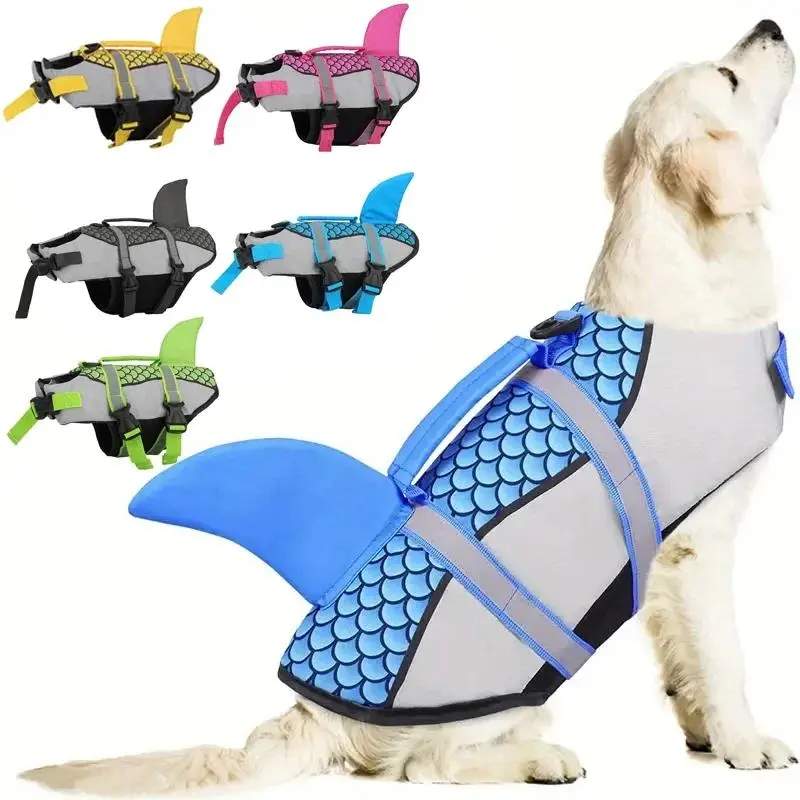1pcs Pet Dog Life Jacket Vest Clothes Life Vest Collar Harness Pet Swimming Swimwear Shark with Handle for Medium Large Dogs