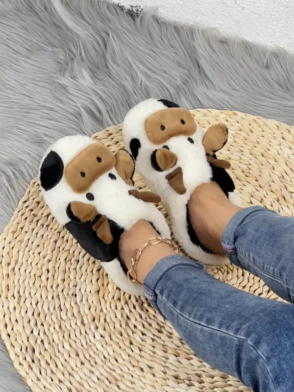 Women's Cute Cow Design Plush Slippers, Warm Bedroom Slippers for Winter, Silent Anti-slip Slippers for Daily Used 4