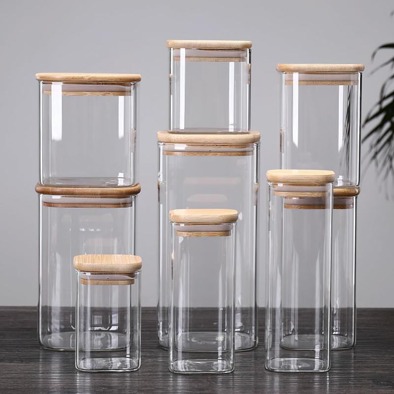 Hũ Thủy Tinh Vuông, Hộp, Lọ Thủy Tinh Vuông Nắp Gỗ Đựng Thực Phẩm, Đồ Khô, Ngũ Cốc
