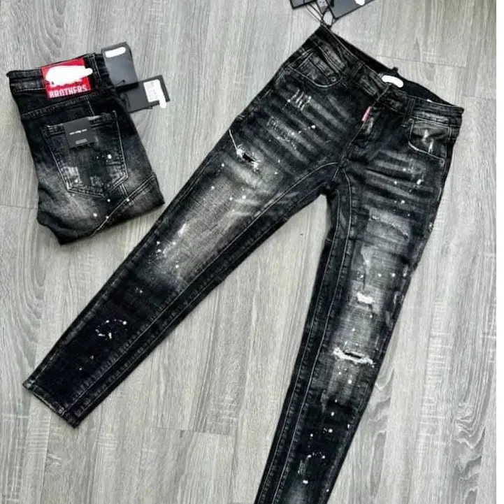 Shop men's beautiful and personality painted strap long black jeans jean pants soft thin section High stretch jeans 0