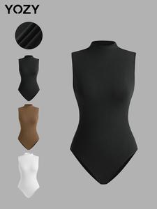 YOZY Women's Solid Snap Closure Crotch Bodysuit, Casual Comfy Sleeveless Mock Neck Bodysuit for Daily Wear, Ladies Clothes for All Seasons